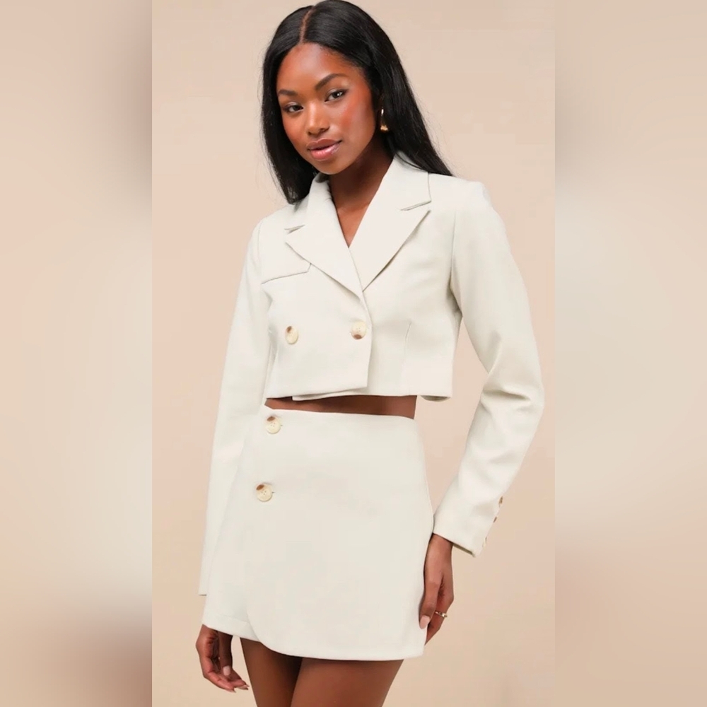 Lulus Suit 'Em Up Beige Double Breasted Cropped Blazer